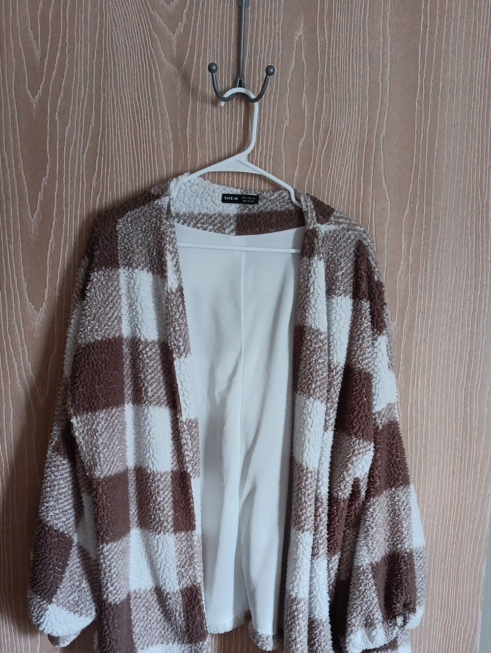 SHEIN Brown and White Plaid Sherpa Open Cardigan